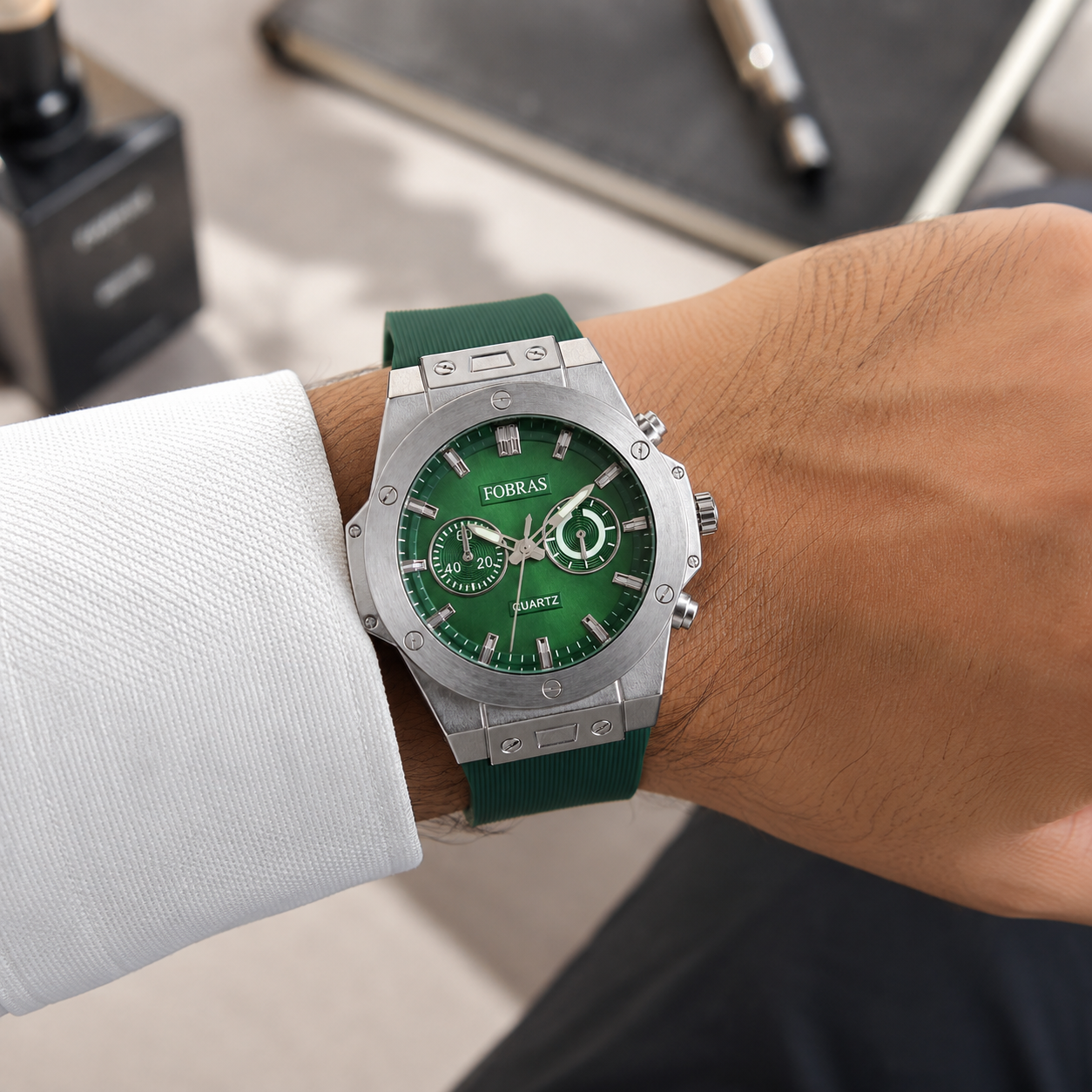 FOBRAS Green Dial Silver-Tone Chronograph Style Quartz Watch with Green Strap