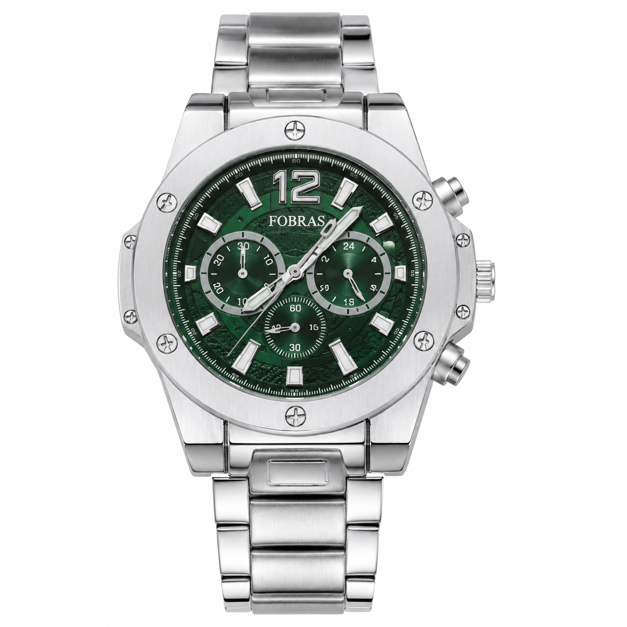 FOBRAS green dial silver-tone watch with metal link bracelet