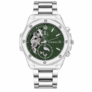 FOERAS green dial open-heart style silver-tone watch