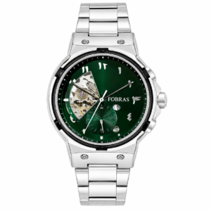 FOERAS green dial open heart style silver-tone watch