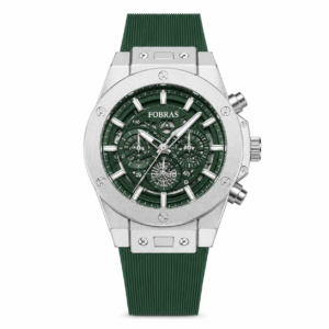 FOBRAS green skeleton-style dial watch with silver-tone case and green textured strap