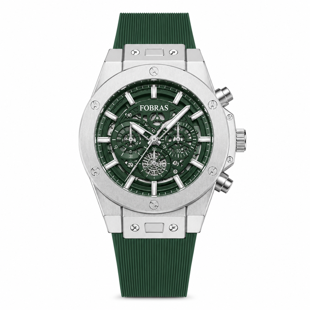 FOBRAS green skeleton-style dial watch with silver-tone case and green textured strap