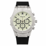FOILLAS cream dial analog watch with silver-tone case and black textured strap