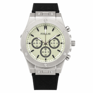 FOILLAS cream dial analog watch with silver-tone case and black textured strap