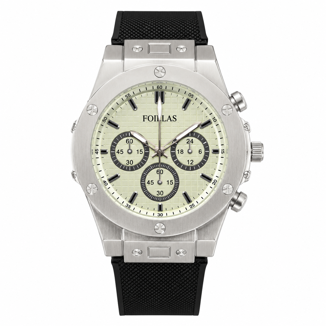 FOILLAS cream dial analog watch with silver-tone case and black textured strap