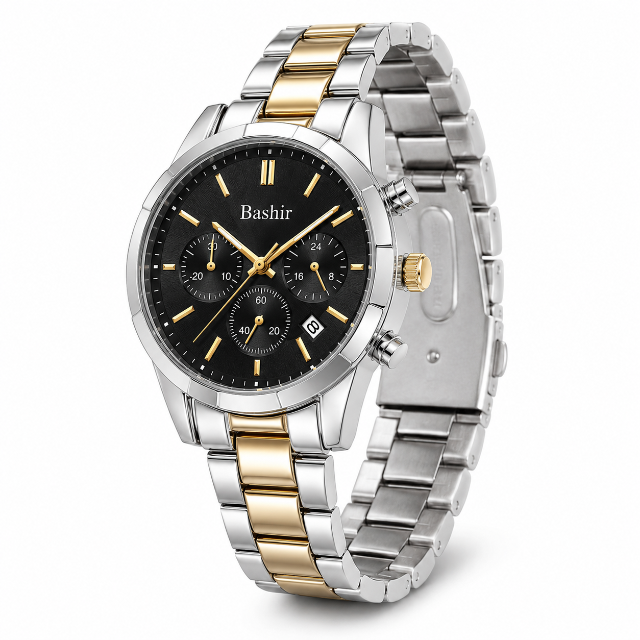 Bashir Men’s Luxury Two-Tone Chronograph Style Quartz Watch – Black Dial