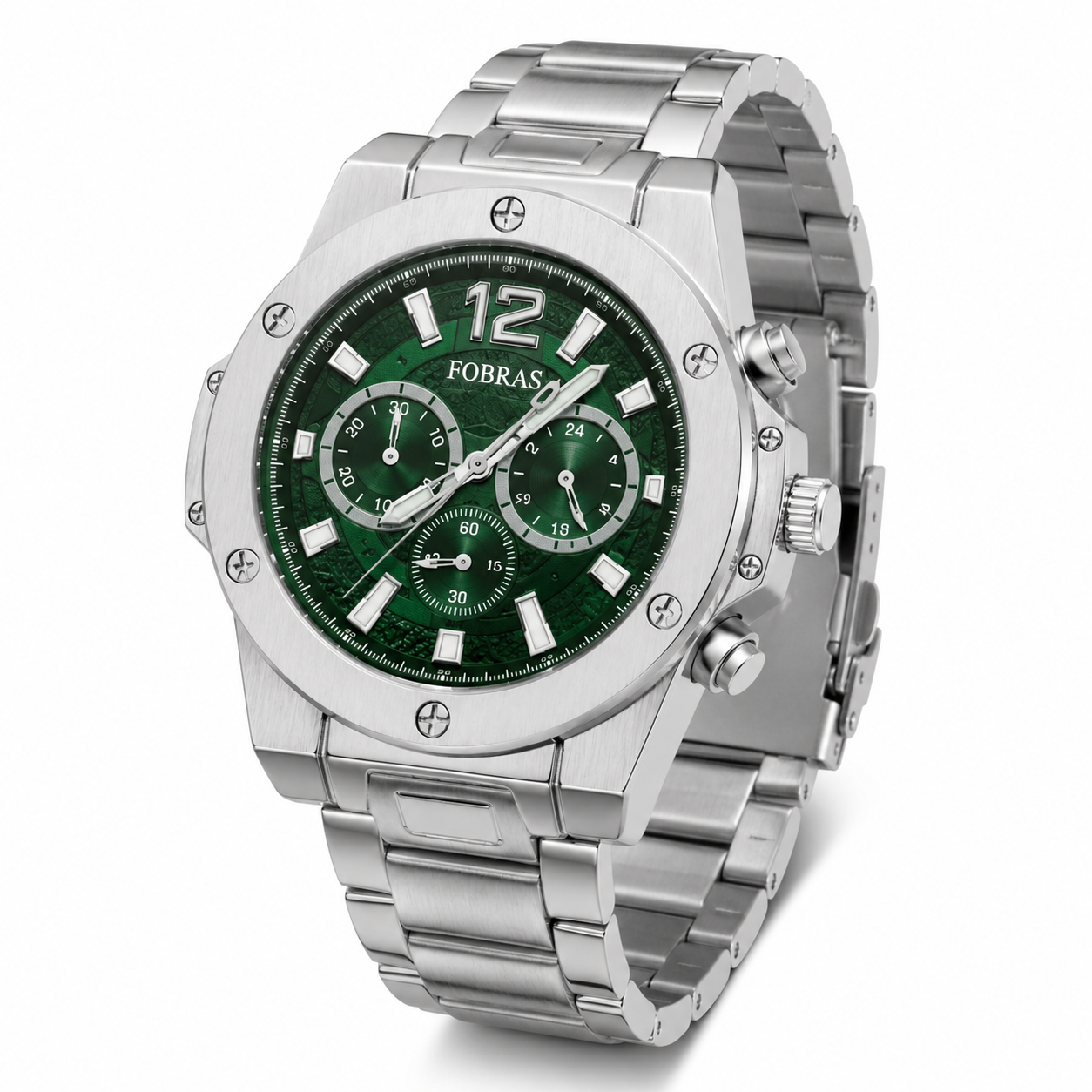 FOBRAS Green Dial Silver-Tone Chronograph Style Watch
