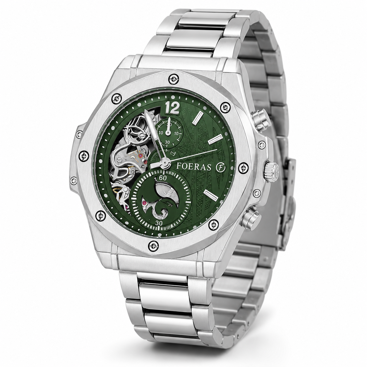 FOERAS Green Dial Open-Heart Style Silver-Tone Watch