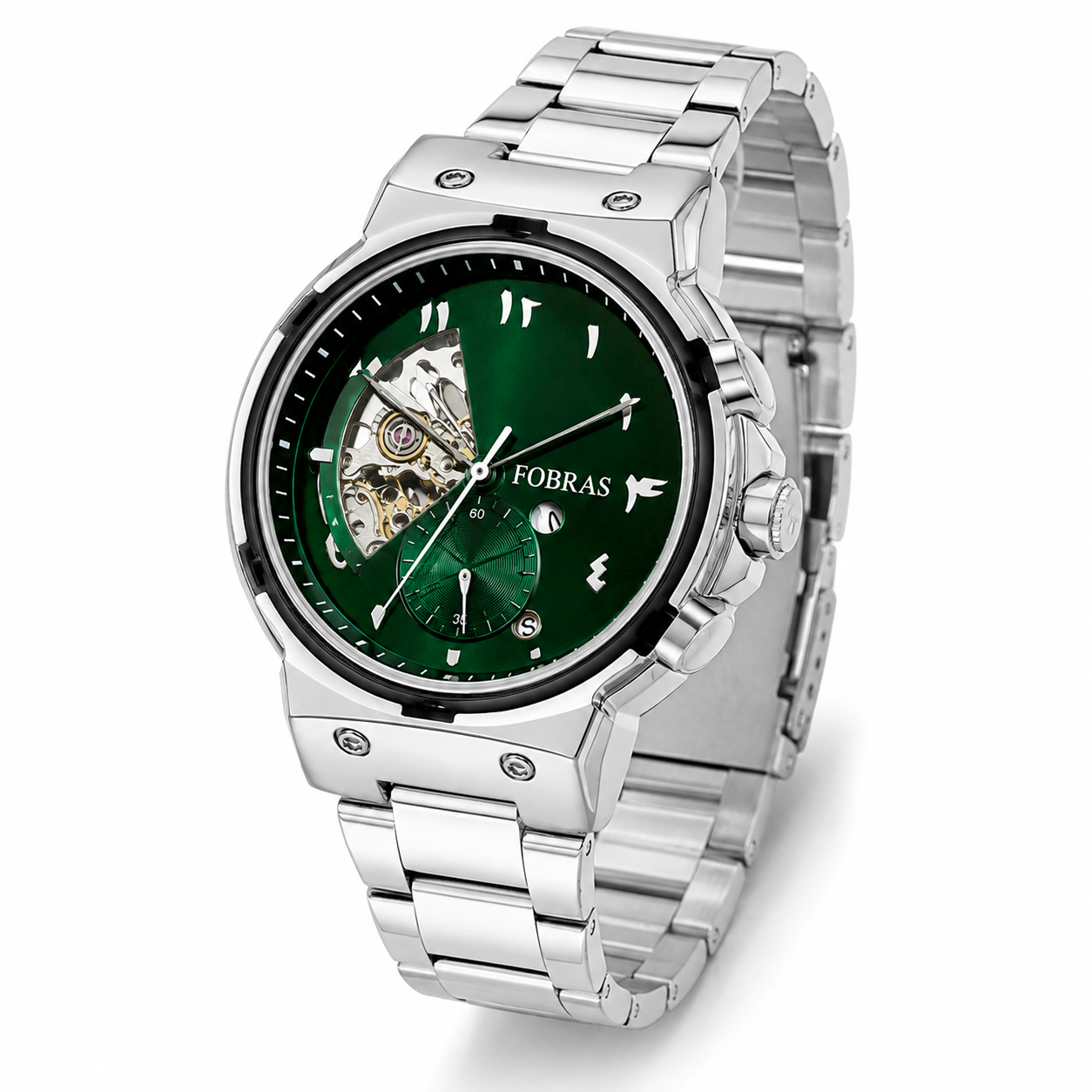 FOERAS Green Dial Open Heart Silver-Tone Metal Bracelet Watch