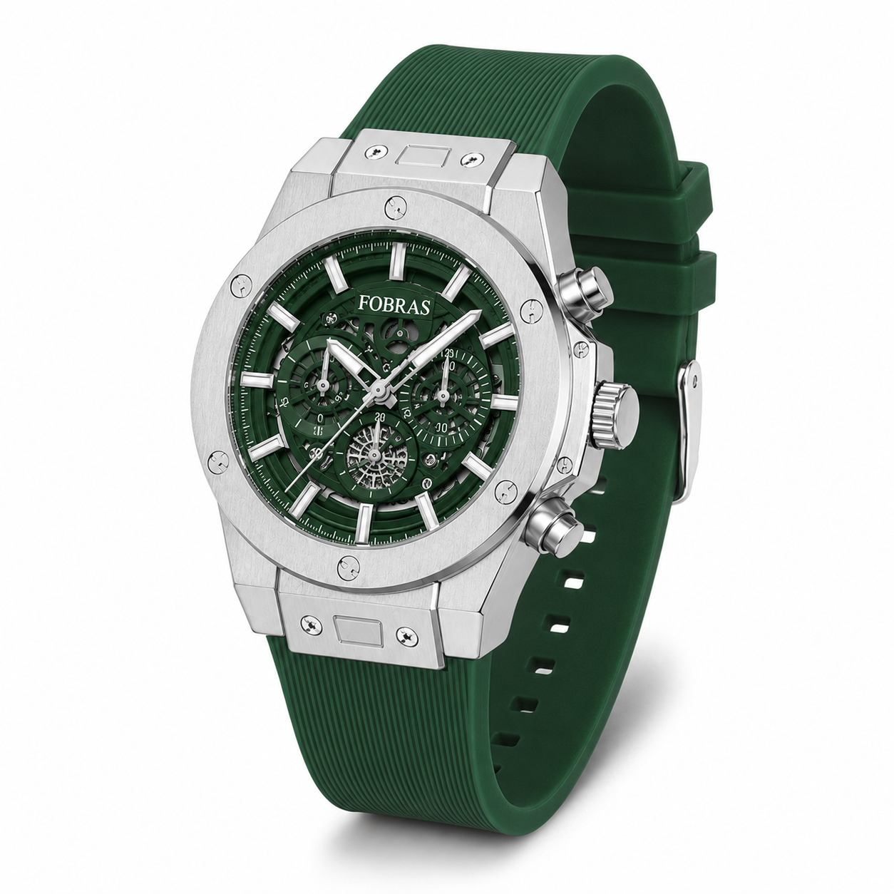FOBRAS Green Skeleton Dial Chronograph Style Watch with Silicone Strap