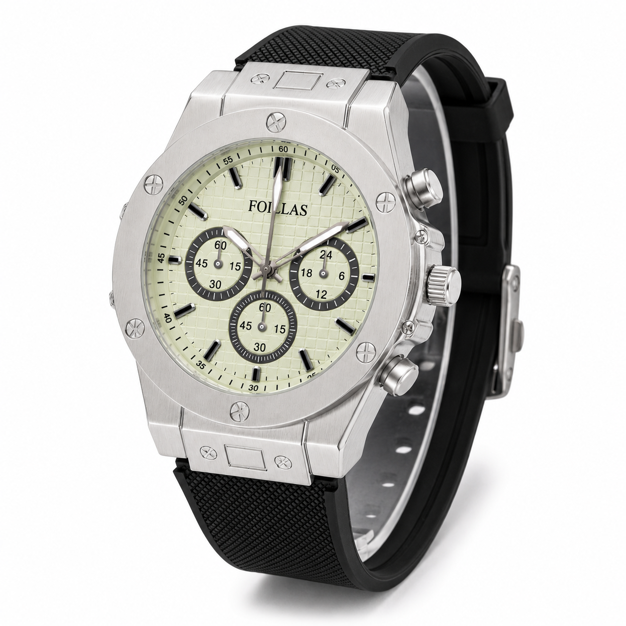 FOILLAS Cream Dial Chronograph Style Watch with Black Textured Strap