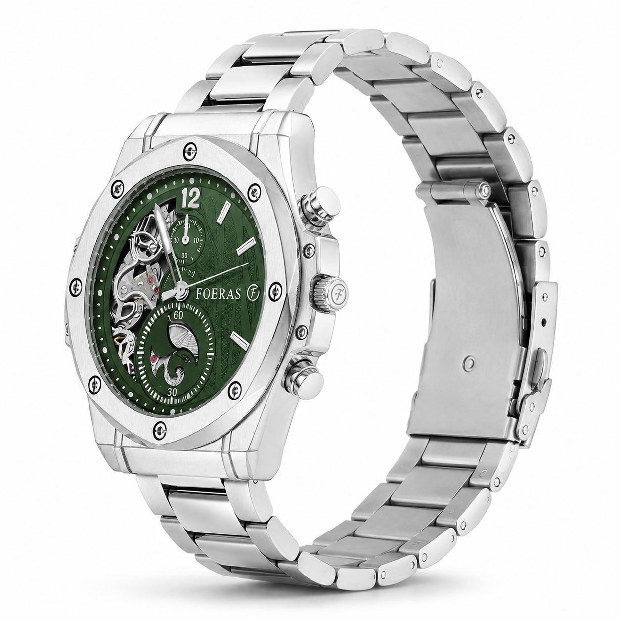 FOERAS Green Dial Open-Heart Style Silver-Tone Watch