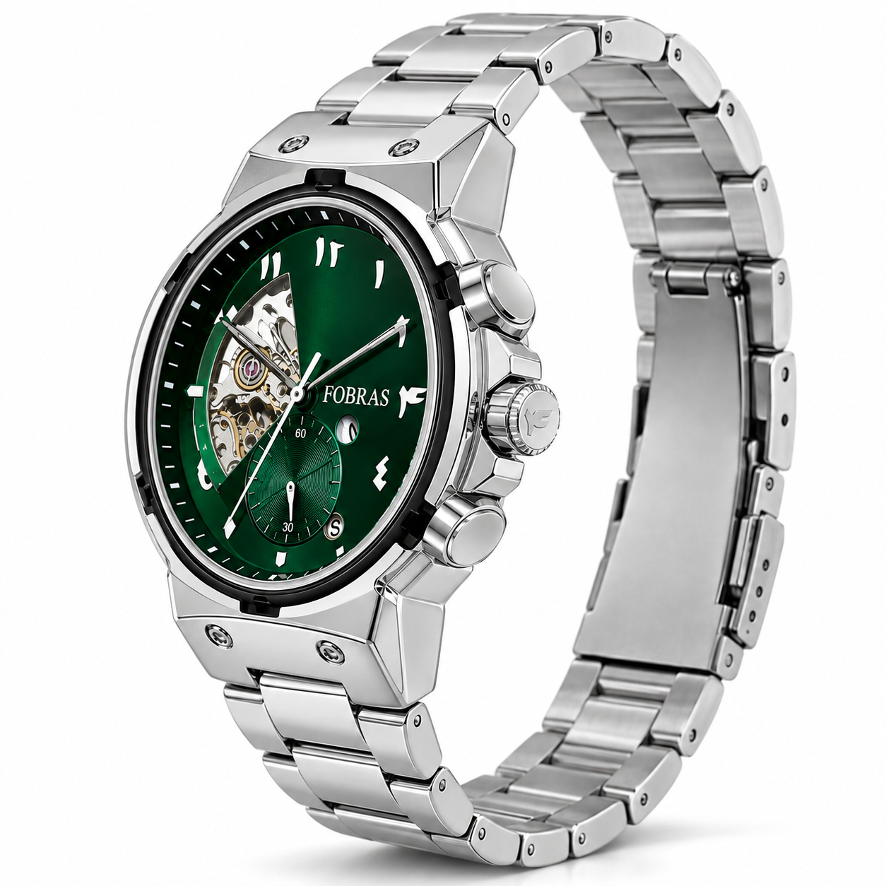 FOERAS Green Dial Open Heart Silver-Tone Metal Bracelet Watch