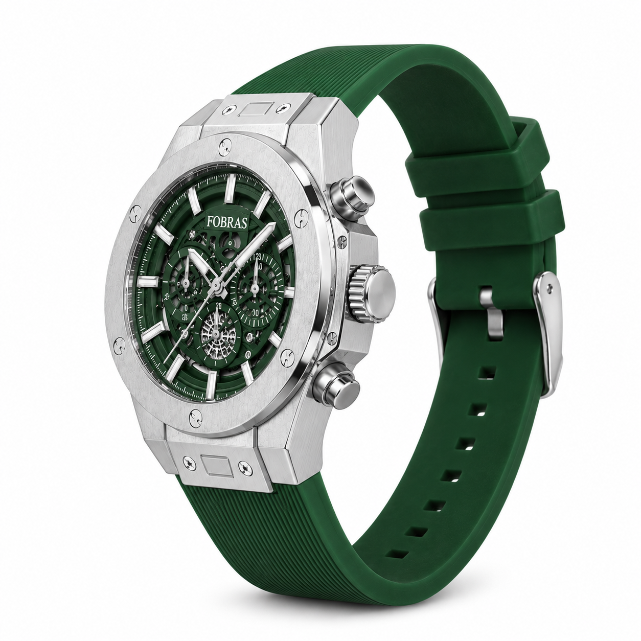FOBRAS Green Skeleton Dial Chronograph Style Watch with Silicone Strap