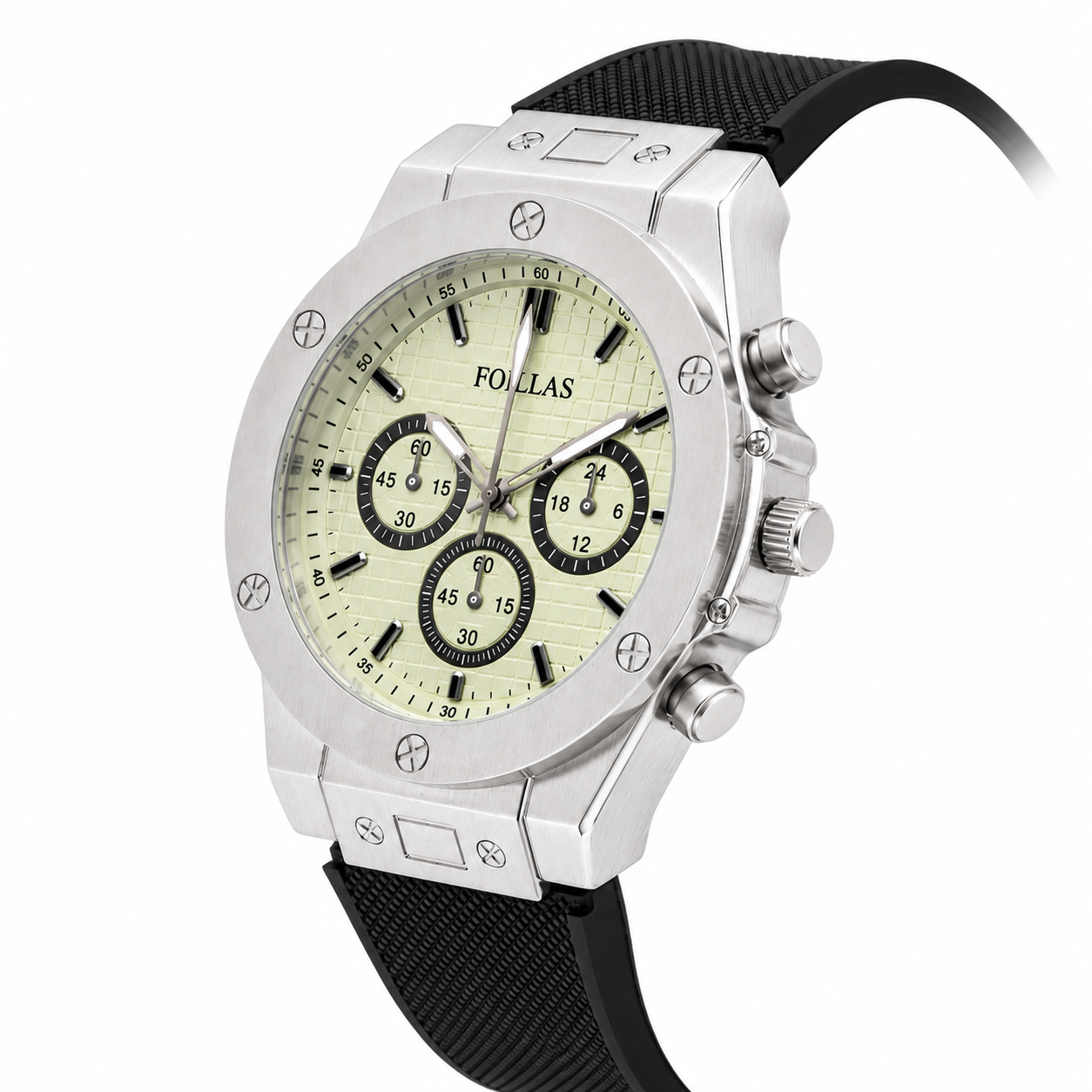 FOILLAS Cream Dial Chronograph Style Watch with Black Textured Strap