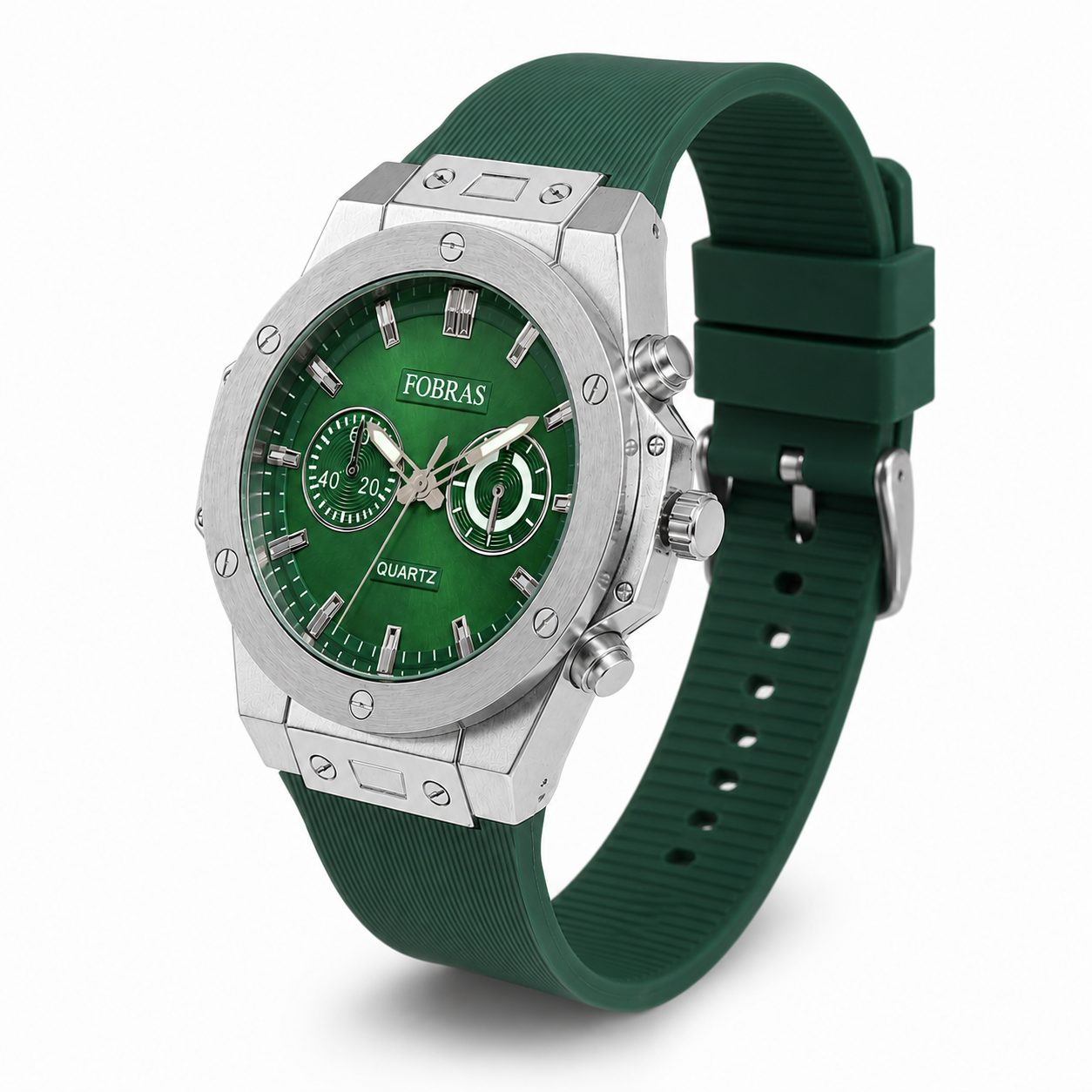 FOBRAS Green Dial Silver-Tone Chronograph Style Quartz Watch with Green Strap