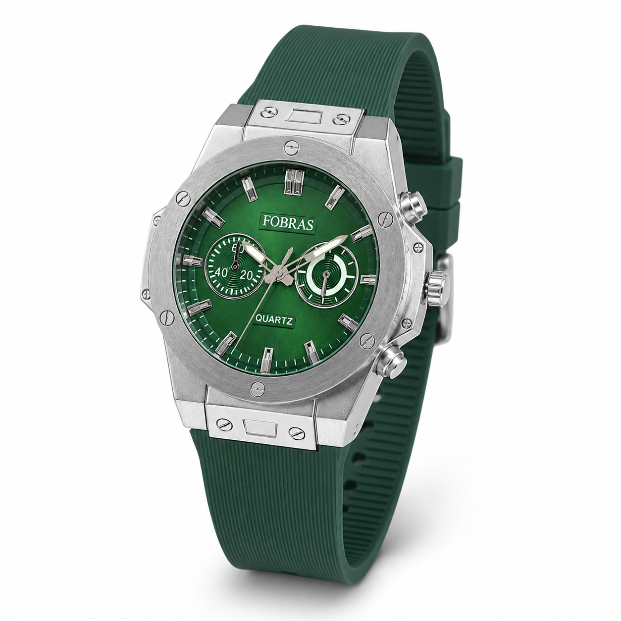 FOBRAS Green Dial Silver-Tone Chronograph Style Quartz Watch with Green Strap