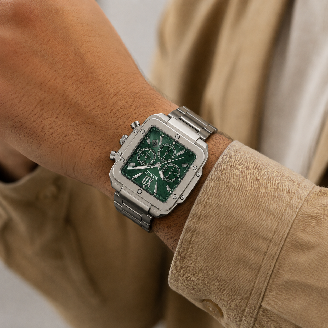 FOBRAX Green Dial Stainless Steel Chronograph Style Quartz Watch