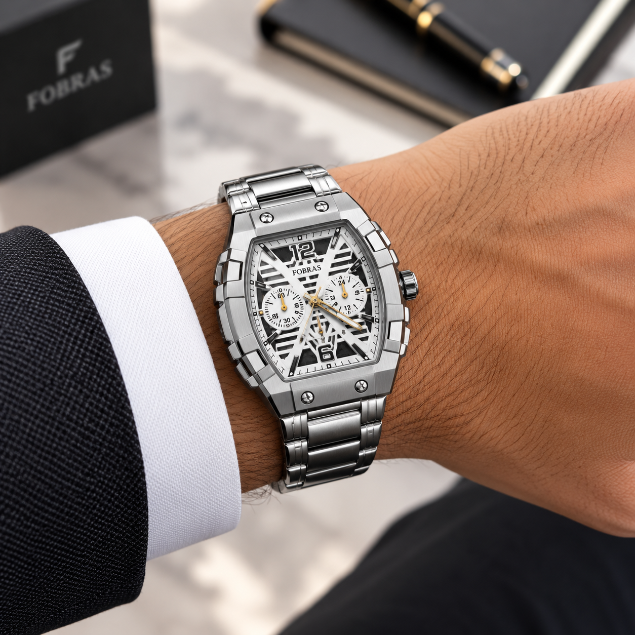 FOBRAS Premium Stainless Steel Chronograph Men’s Watch – White & Silver