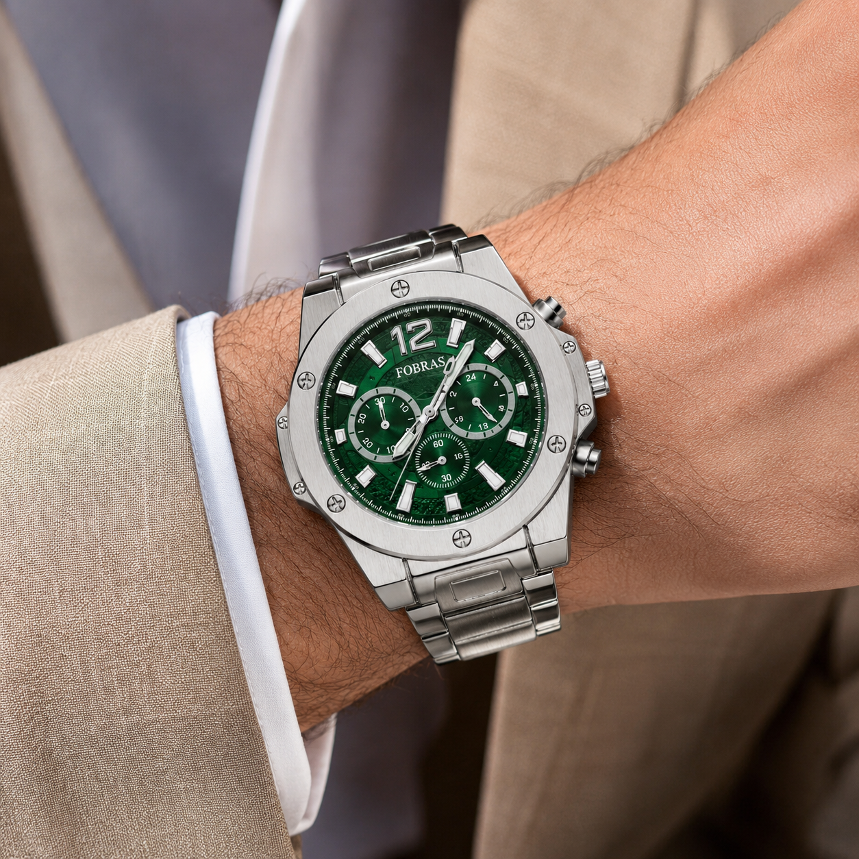 FOBRAS Green Dial Silver-Tone Chronograph Style Watch