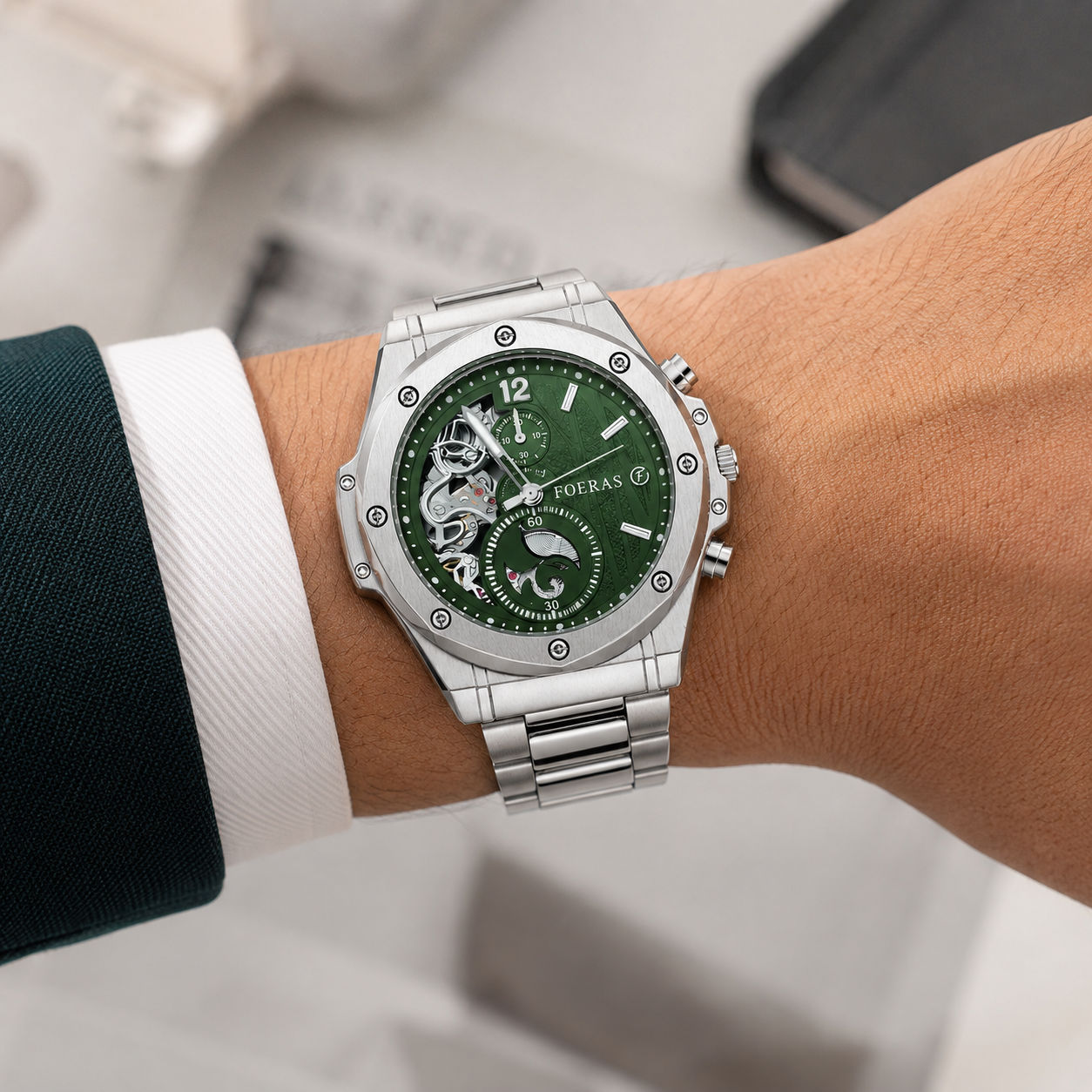 FOERAS Green Dial Open-Heart Style Silver-Tone Watch