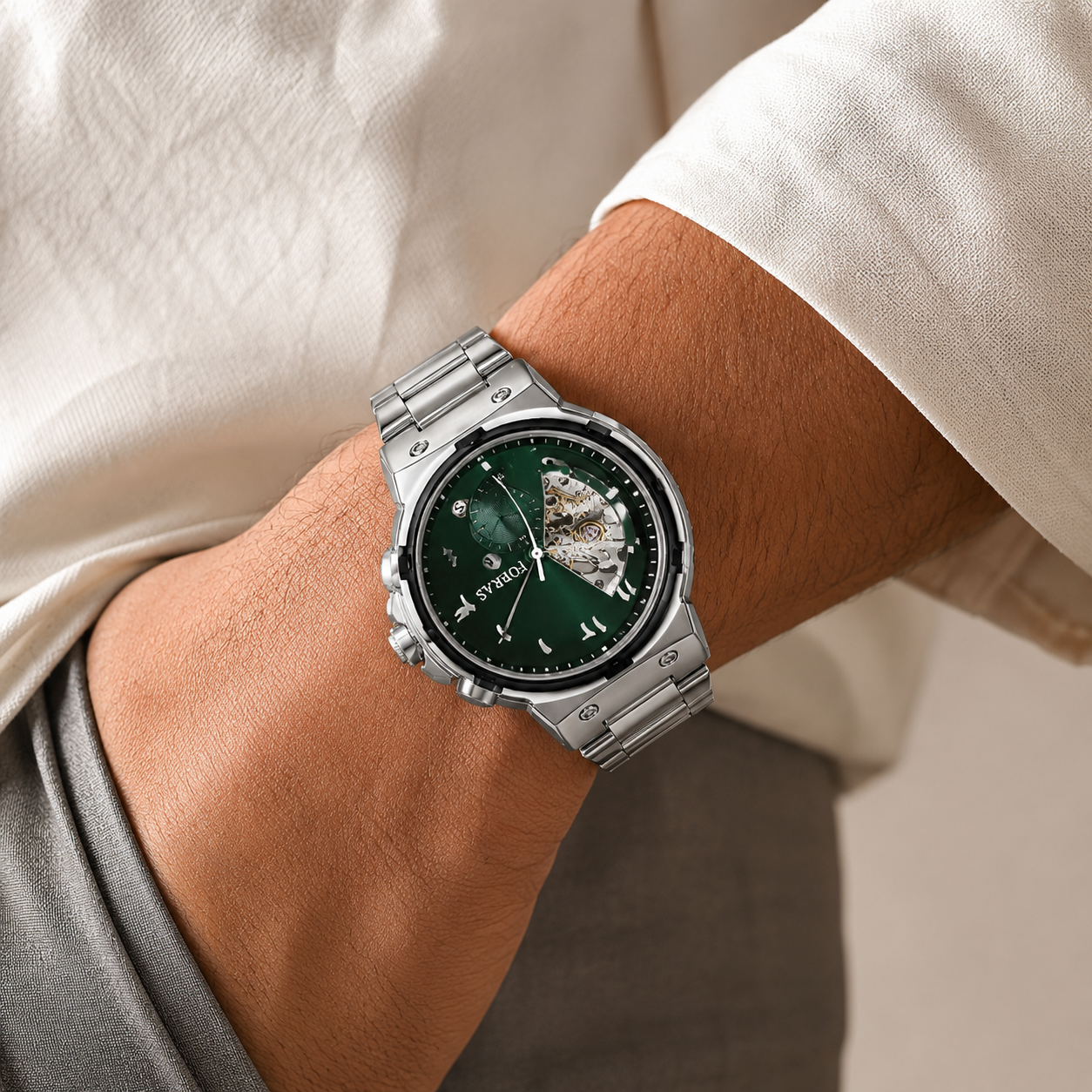 FOERAS Green Dial Open Heart Silver-Tone Metal Bracelet Watch