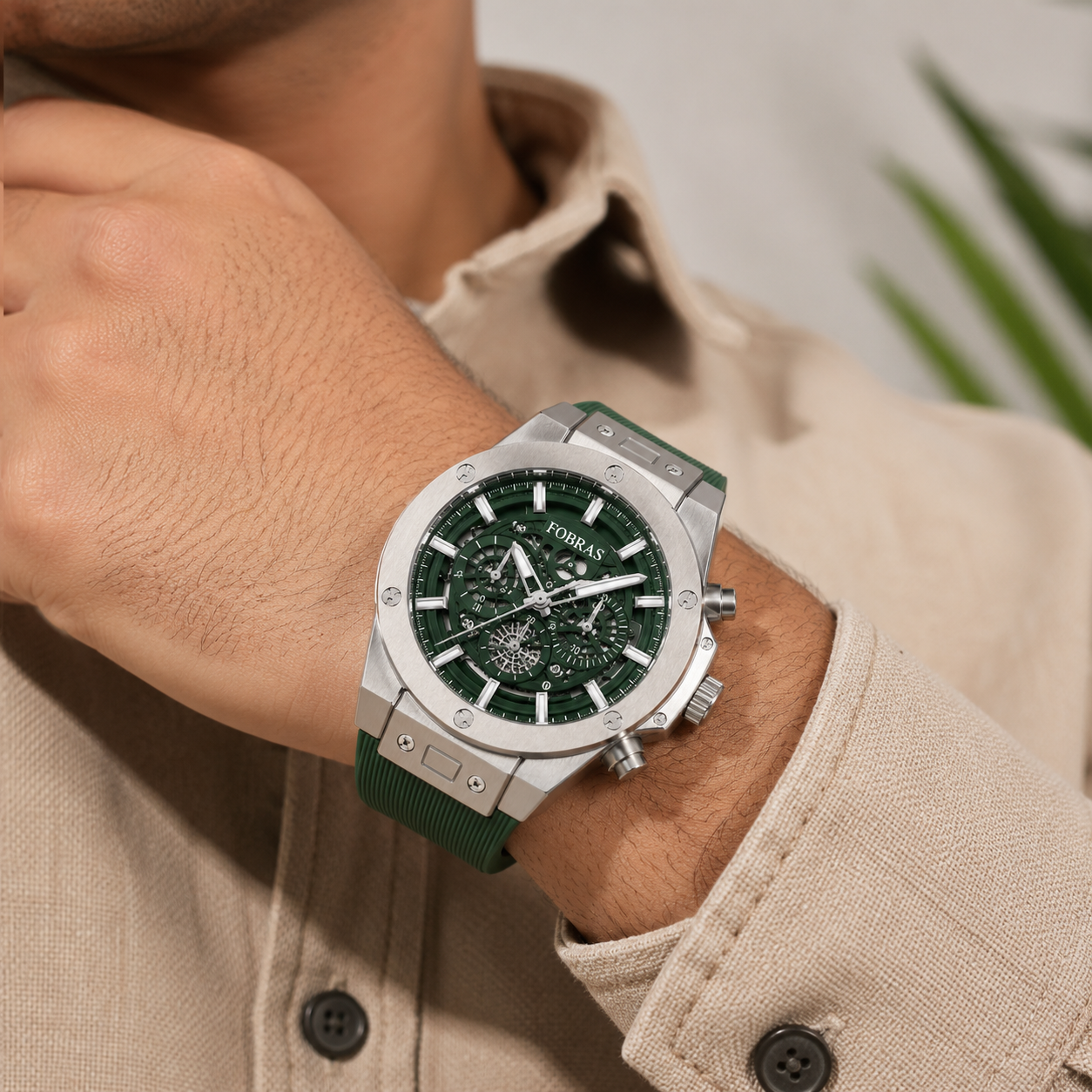 FOBRAS Green Skeleton Dial Chronograph Style Watch with Silicone Strap