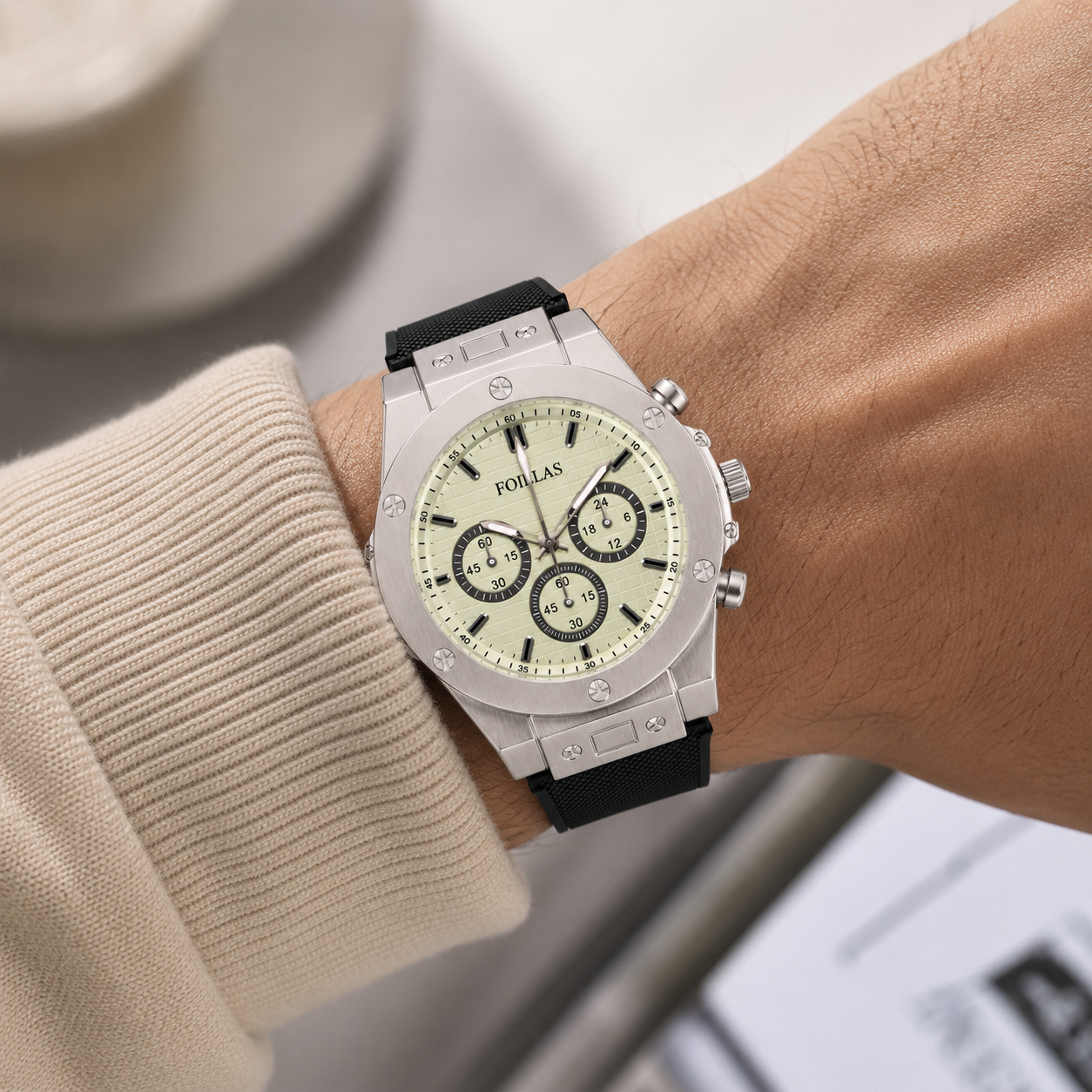 FOILLAS Cream Dial Chronograph Style Watch with Black Textured Strap