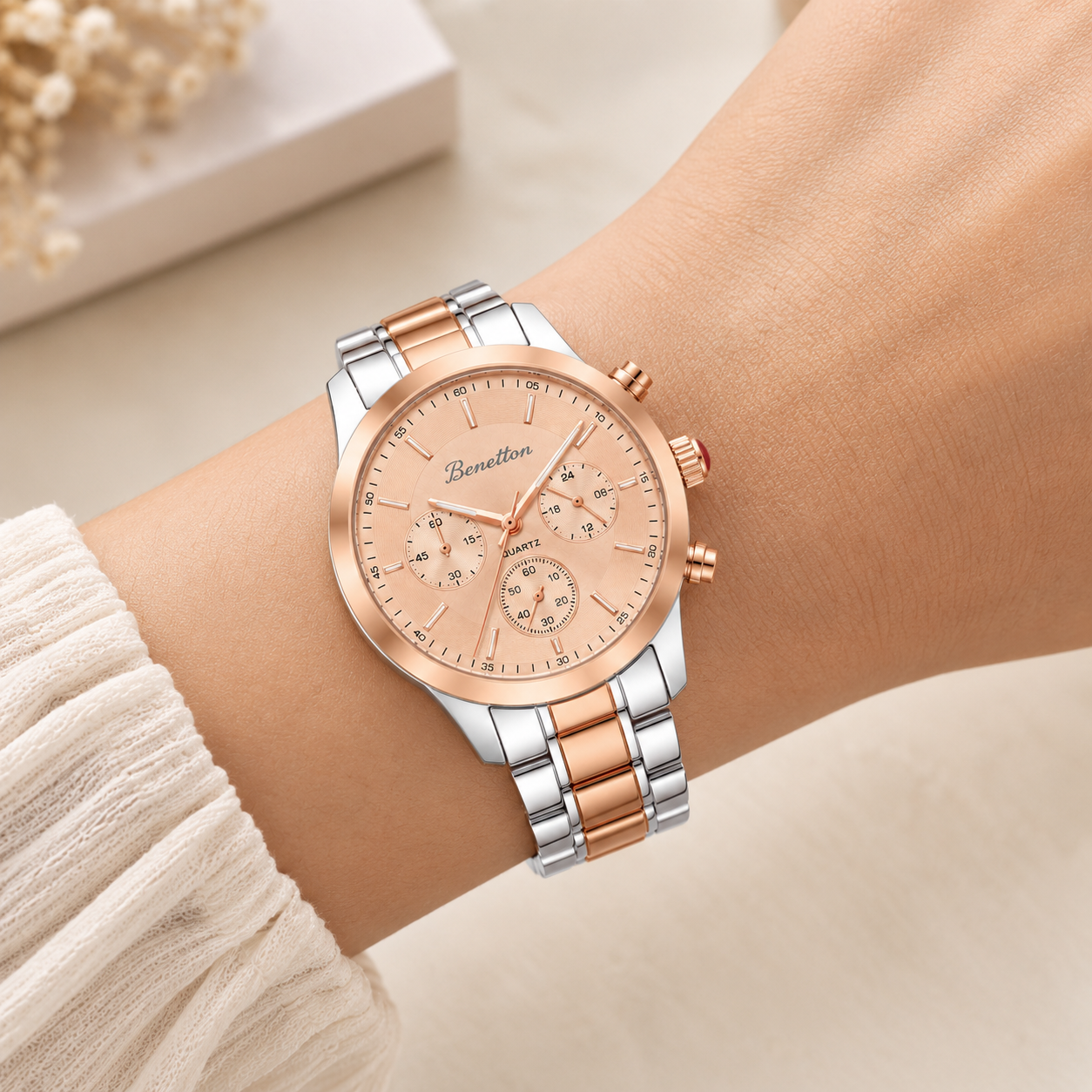 Elegant Rose Gold & Silver Chronograph Style Women’s Watch