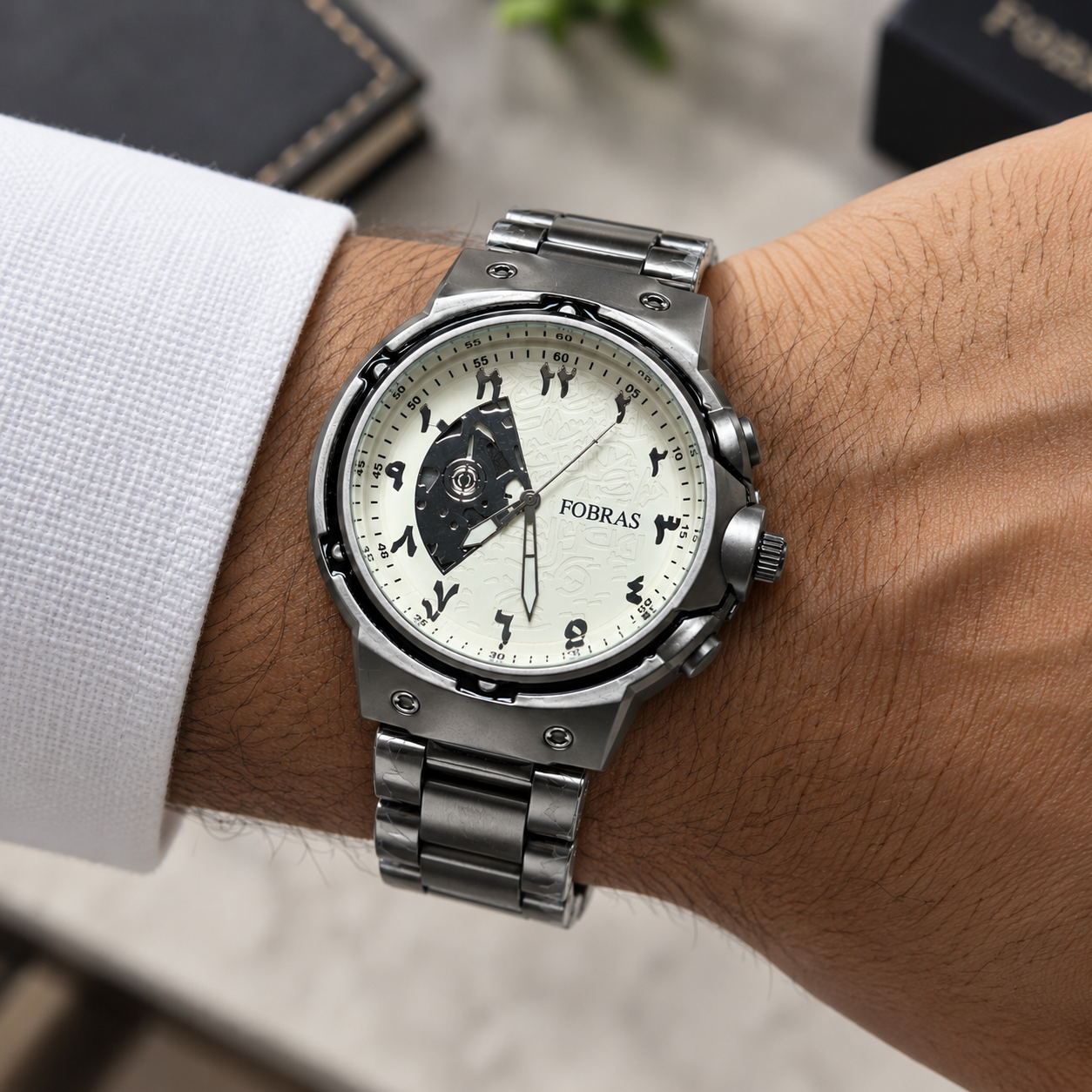 FOBRAS Men's Silver Analog Watch with Stainless Steel Metal Bracelet