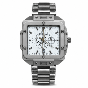 FOBRAS Men’s Silver Square Analog Watch with Skeleton Dial & Metal Bracelet