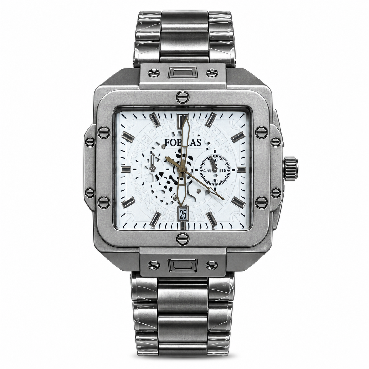FOBRAS Men's Silver Square Analog Watch with Skeleton Dial & Metal Bracelet