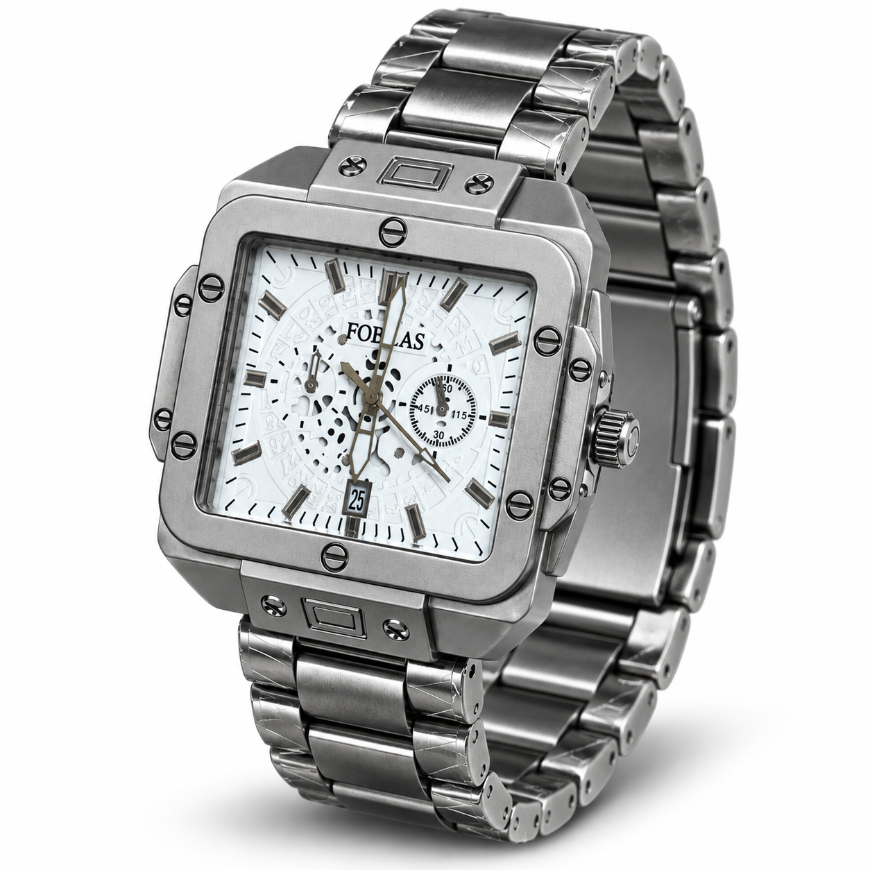 FOBRAS Men's Silver Square Analog Watch with Skeleton Dial & Metal Bracelet