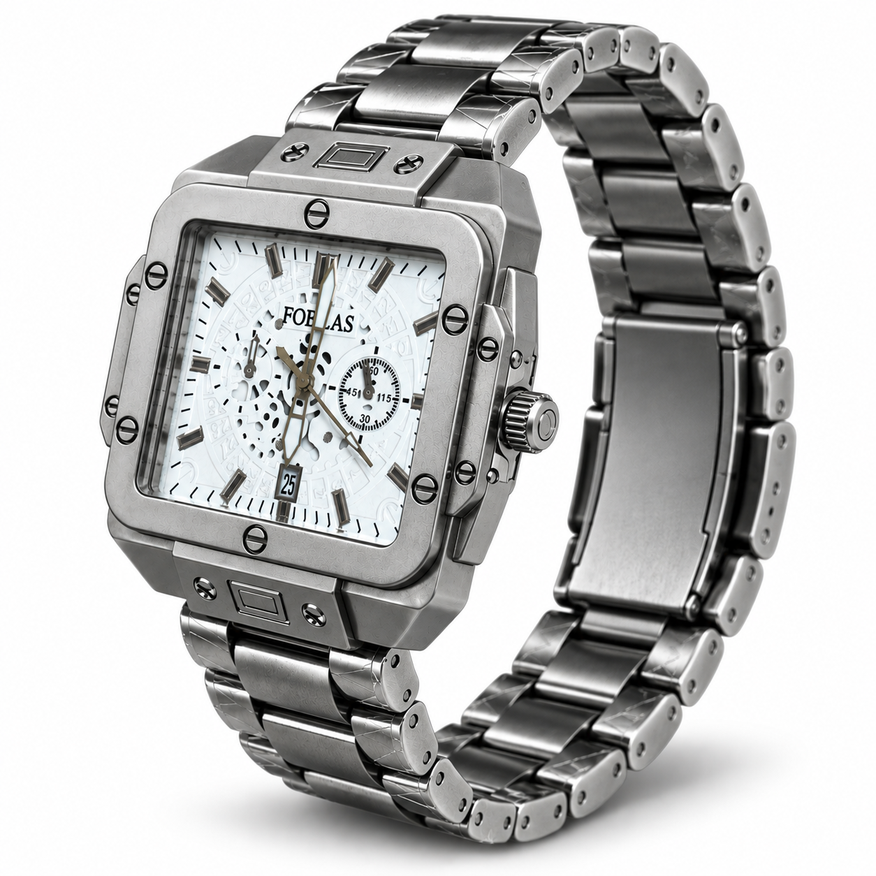 FOBRAS Men's Silver Square Analog Watch with Skeleton Dial & Metal Bracelet