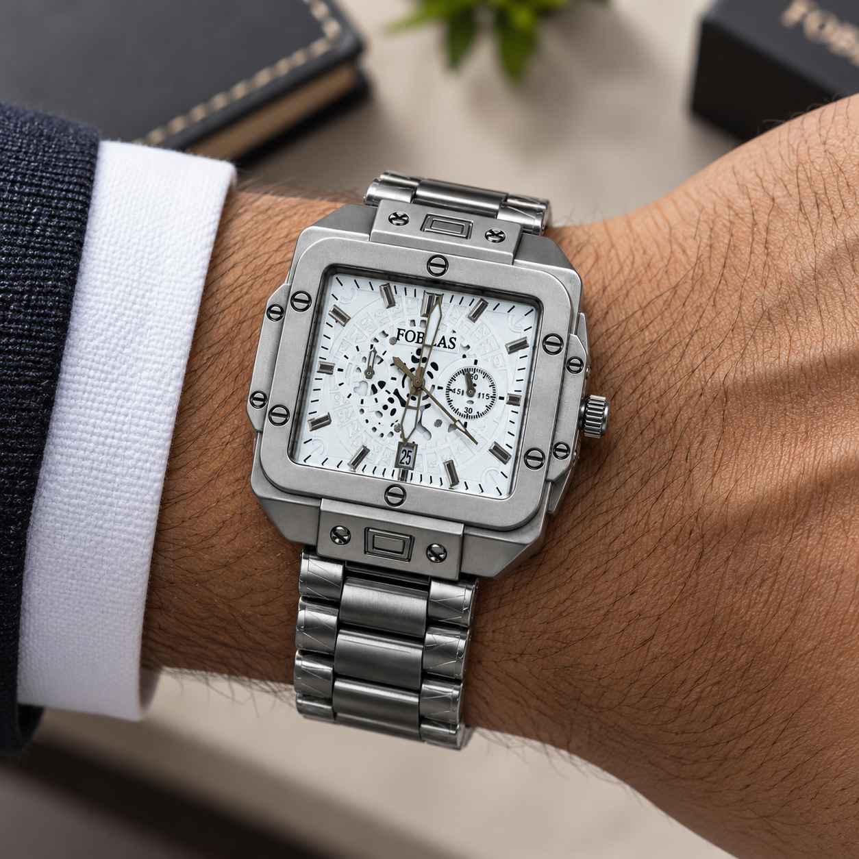 FOBRAS Men's Silver Square Analog Watch with Skeleton Dial & Metal Bracelet