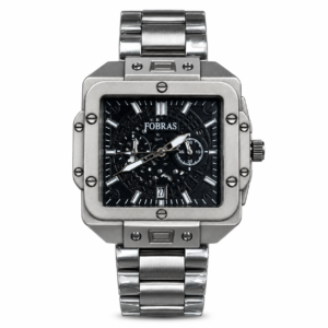 FOBRAS Men’s Black Square Skeleton Dial Chronograph Style Watch with Metal Bracelet