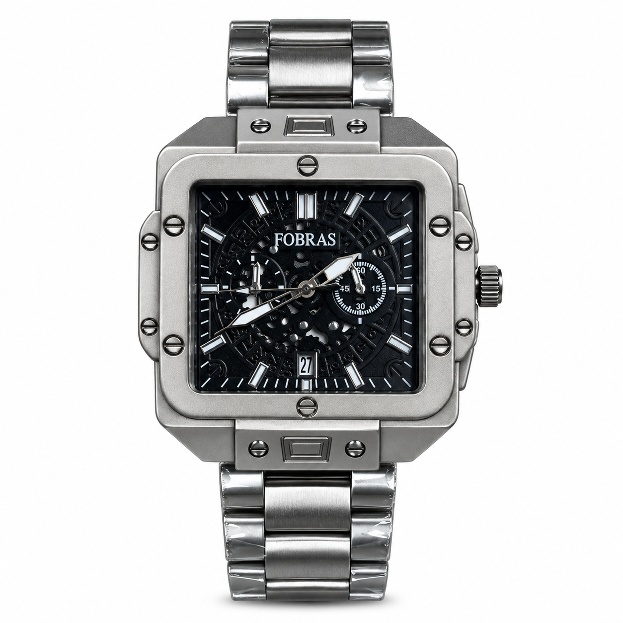 FOBRAS Men's Black Square Skeleton Dial Chronograph Style Watch with Metal Bracelet