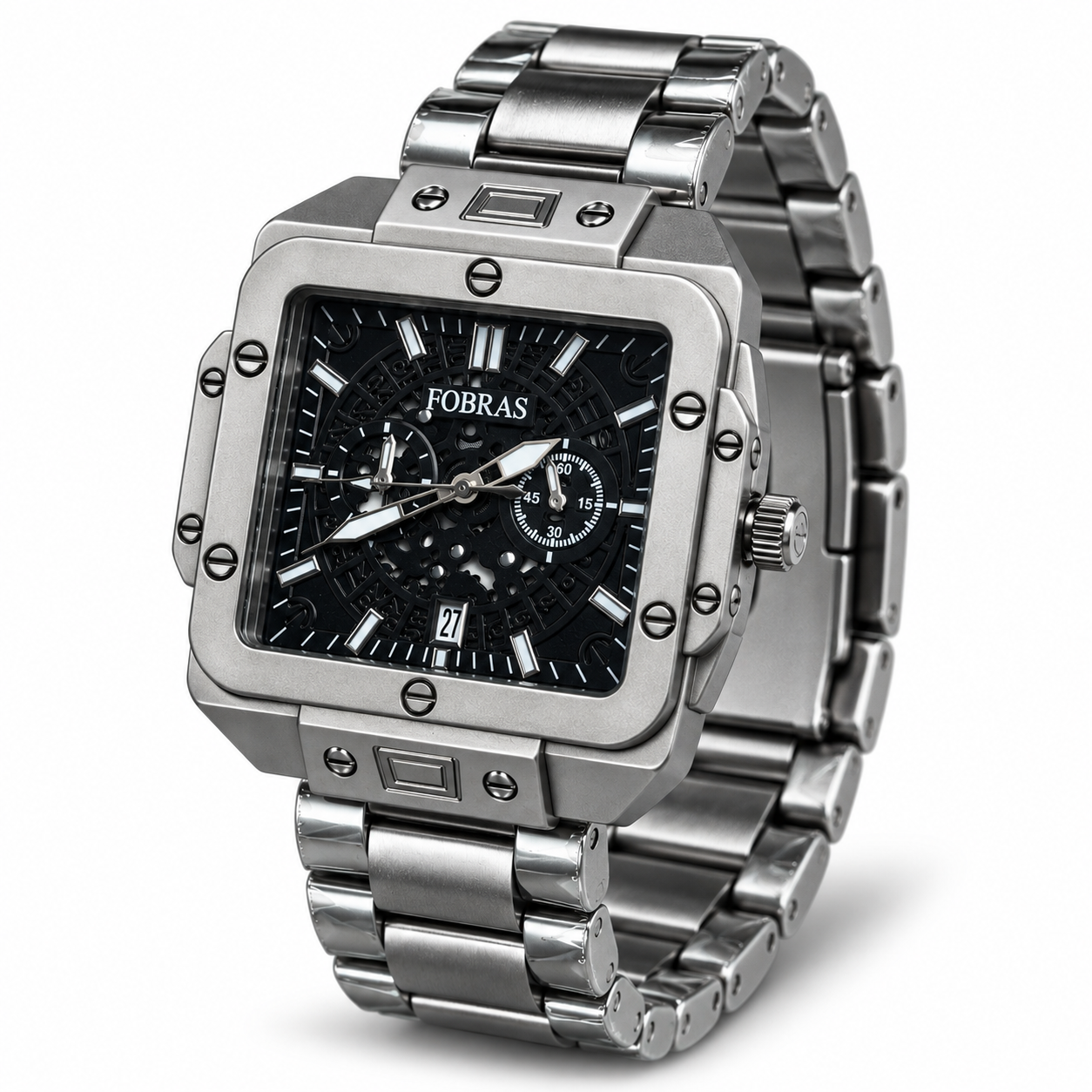 FOBRAS Men's Black Square Skeleton Dial Chronograph Style Watch with Metal Bracelet