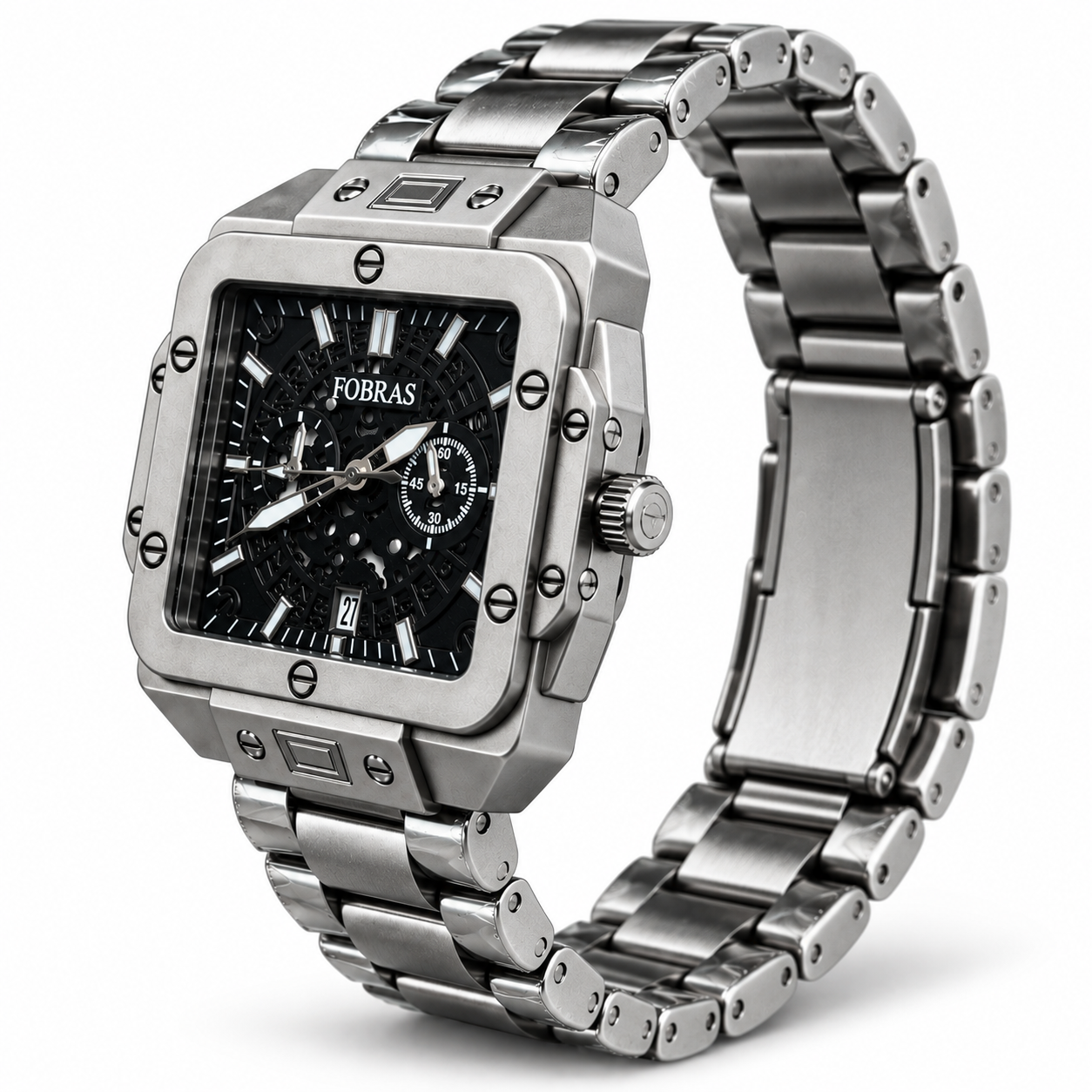 FOBRAS Men's Black Square Skeleton Dial Chronograph Style Watch with Metal Bracelet