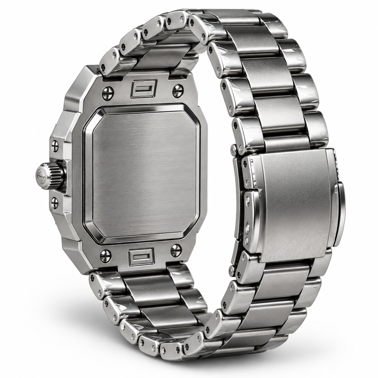 FOBRAS Men's Black Square Skeleton Dial Chronograph Style Watch with Metal Bracelet