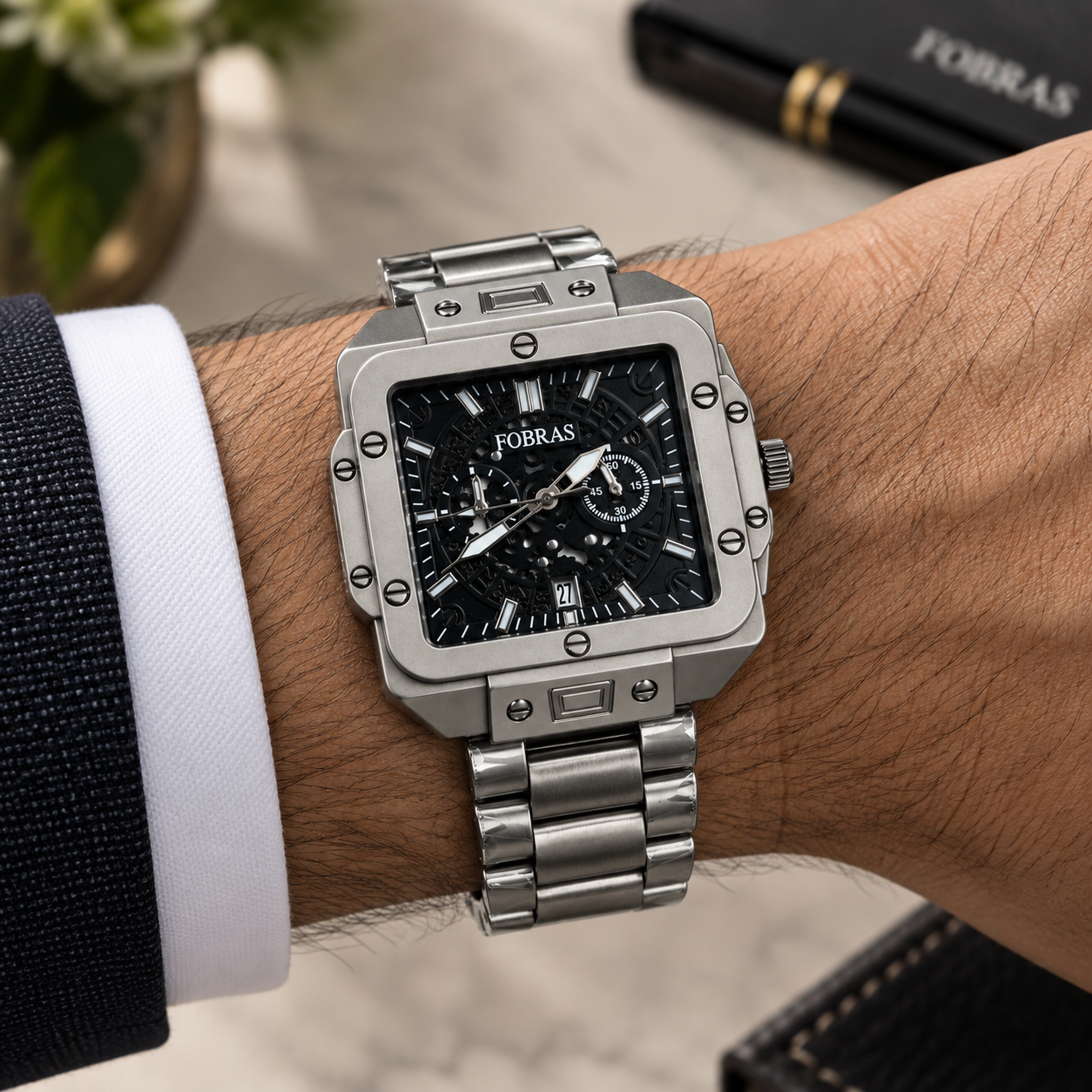 FOBRAS Men's Black Square Skeleton Dial Chronograph Style Watch with Metal Bracelet