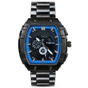 FOBRAS Men’s Black & Blue Square Dial Chronograph Style Metal Bracelet Watch