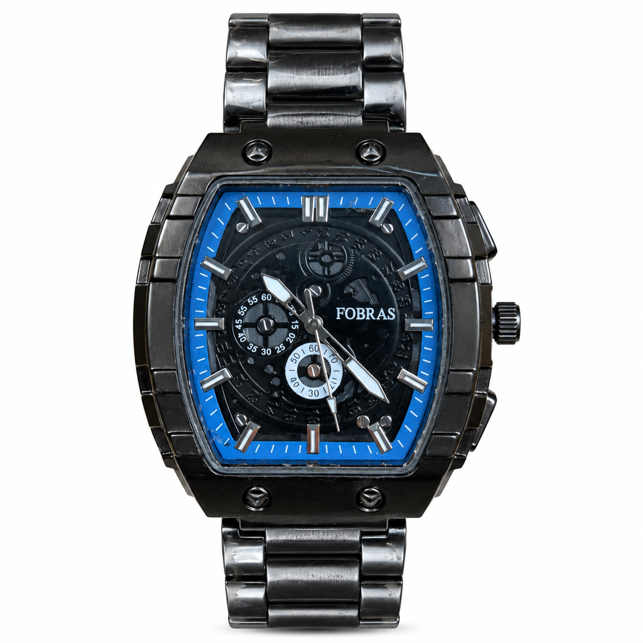 FOBRAS Men's Black & Blue Square Dial Chronograph Style Metal Bracelet Watch