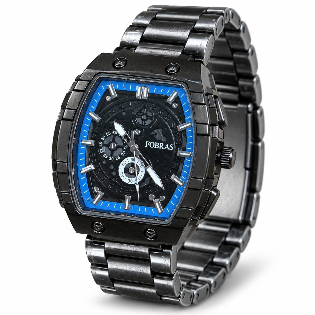 FOBRAS Men's Black & Blue Square Dial Chronograph Style Metal Bracelet Watch