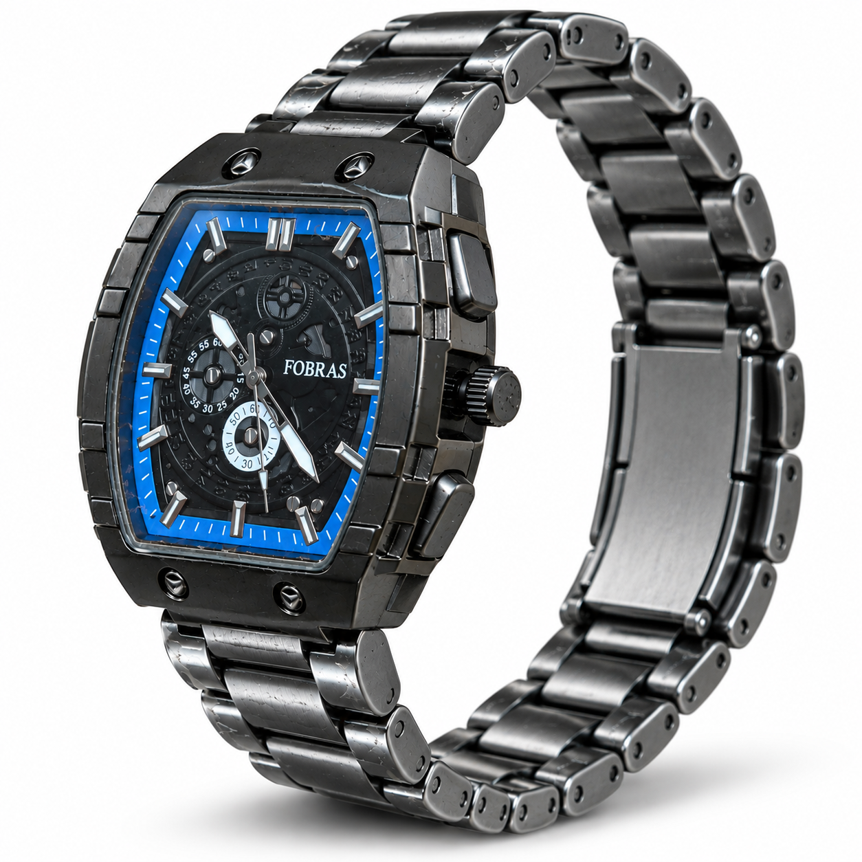 FOBRAS Men's Black & Blue Square Dial Chronograph Style Metal Bracelet Watch