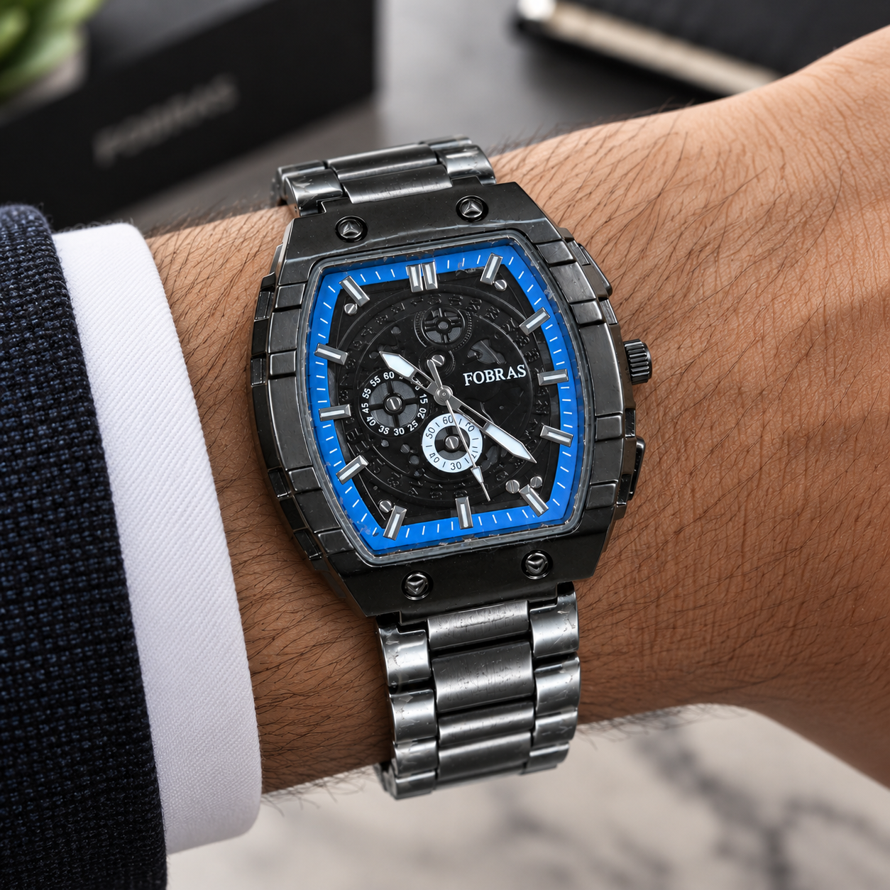 FOBRAS Men's Black & Blue Square Dial Chronograph Style Metal Bracelet Watch