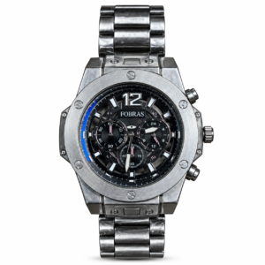 FOBRAS Men’s Silver Black Chronograph Style Analog Watch with Metal Bracelet