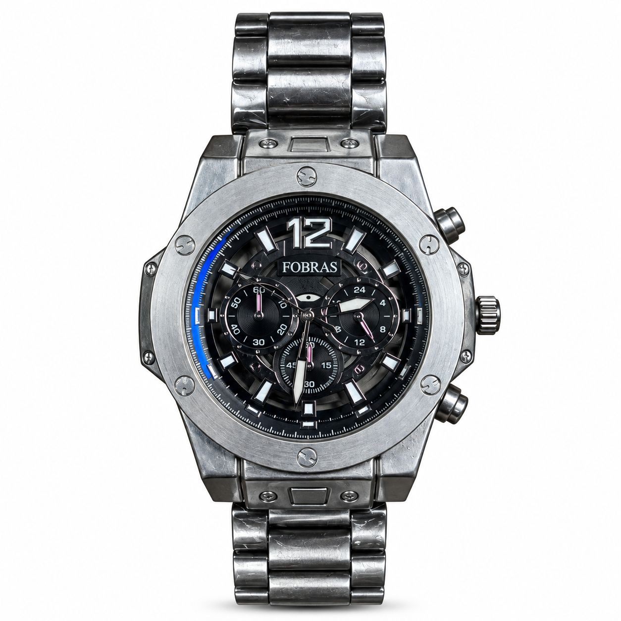 FOBRAS Men's Silver Black Chronograph Style Analog Watch with Metal Bracelet