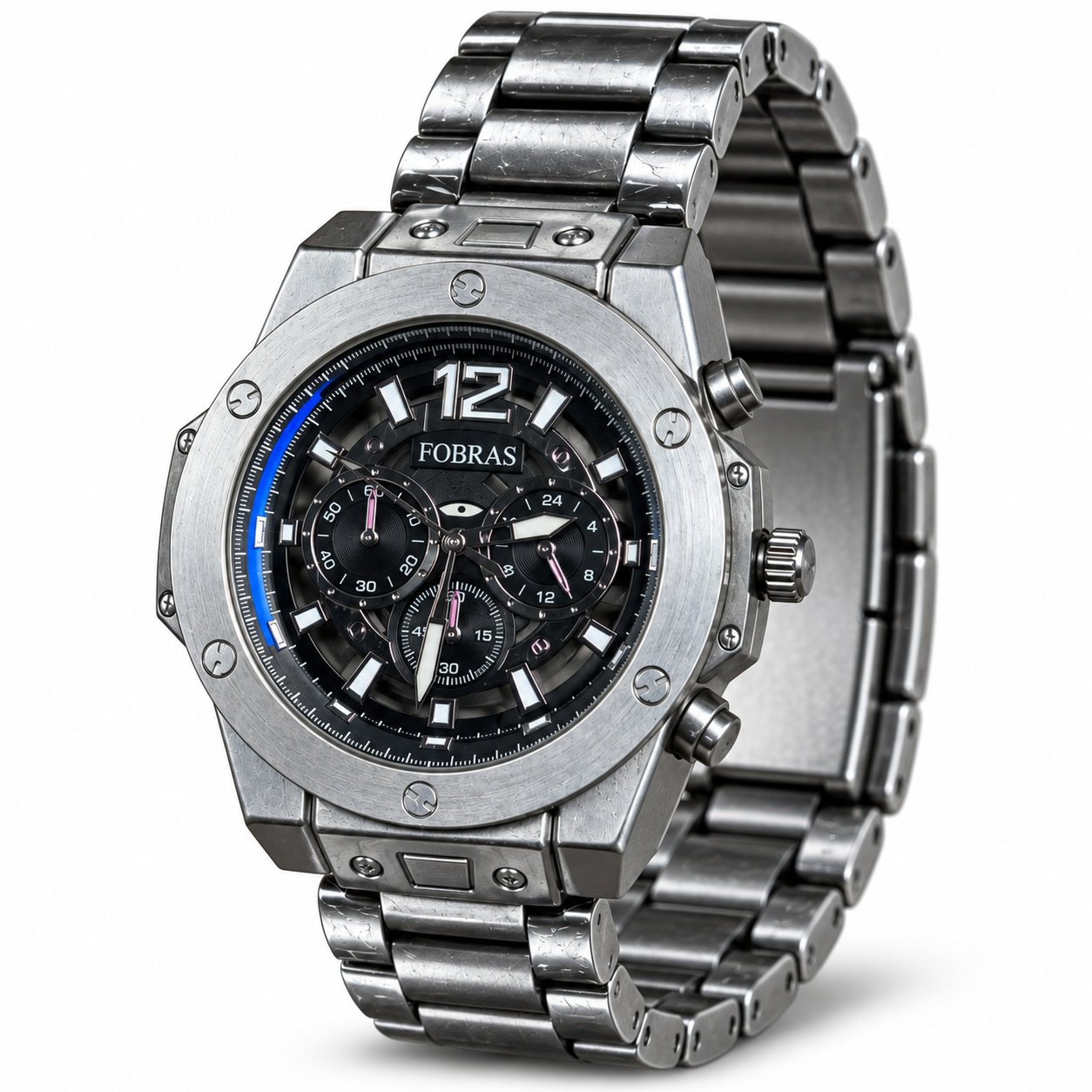 FOBRAS Men's Silver Black Chronograph Style Analog Watch with Metal Bracelet