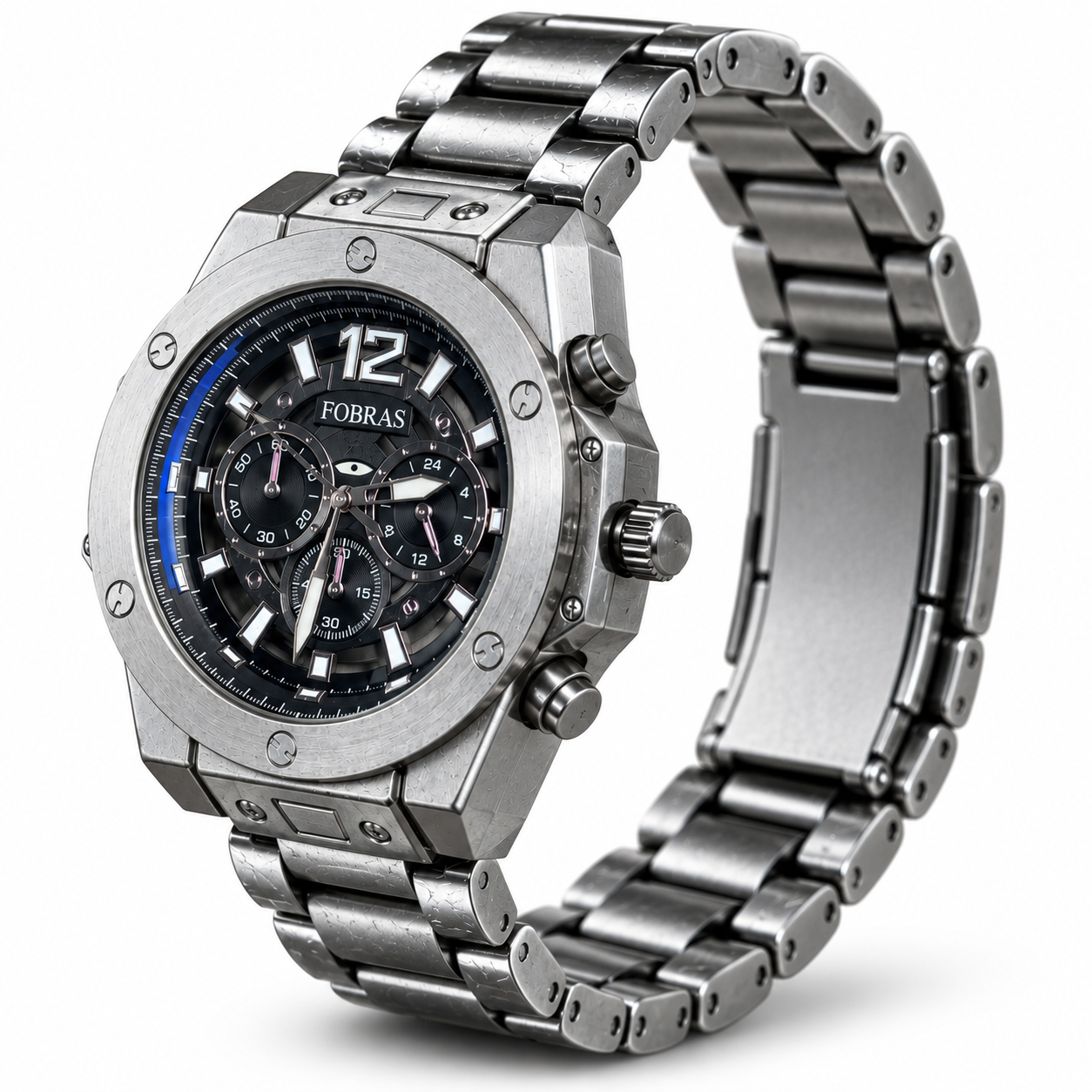 FOBRAS Men's Silver Black Chronograph Style Analog Watch with Metal Bracelet